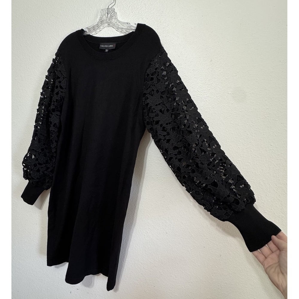 Colleen Lopez Black Sweater Sheeth Dress Puffy Lace Sleeves Womens Size XL